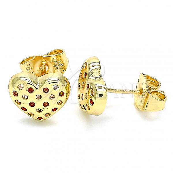 Oro Laminado Stud Earring, Gold Filled Style Heart Design, with Garnet and White Micro Pave, Polished, Golden Finish, 02.156.0490.1