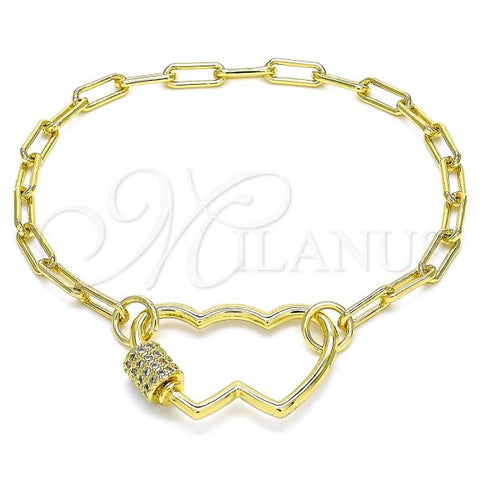 Oro Laminado Fancy Bracelet, Gold Filled Style Heart Design, with White Micro Pave, Polished, Golden Finish, 03.341.0069.07