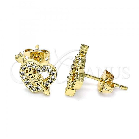 Oro Laminado Stud Earring, Gold Filled Style Love and Heart Design, with White Micro Pave, Polished, Golden Finish, 02.342.0178