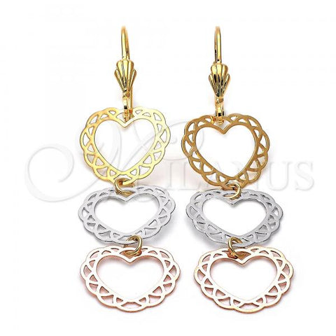 Oro Laminado Long Earring, Gold Filled Style Heart and Filigree Design, Polished, Tricolor, 5.095.008