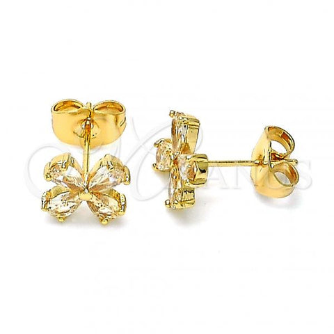 Oro Laminado Stud Earring, Gold Filled Style Flower Design, with Champagne Cubic Zirconia, Polished, Golden Finish, 02.310.0059