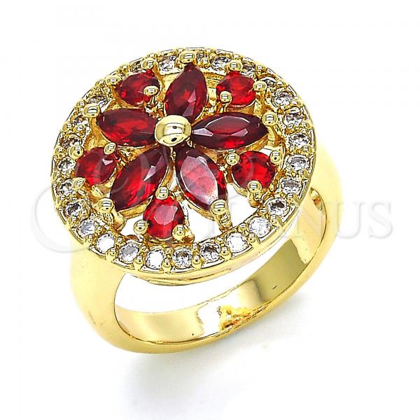 Oro Laminado Multi Stone Ring, Gold Filled Style Flower Design, with Garnet and White Cubic Zirconia, Polished, Golden Finish, 01.266.0020.3.07 (Size 7)