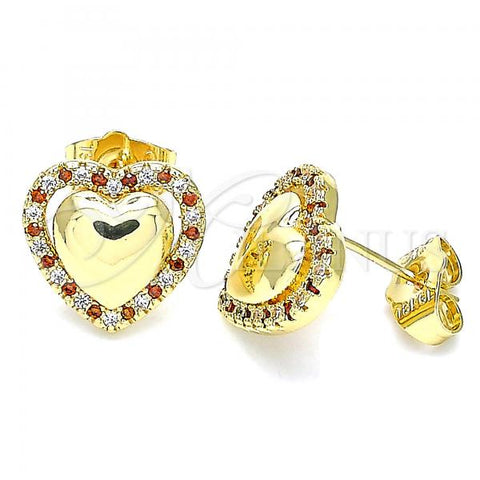 Oro Laminado Stud Earring, Gold Filled Style Heart Design, with Garnet and White Micro Pave, Polished, Golden Finish, 02.156.0517.1