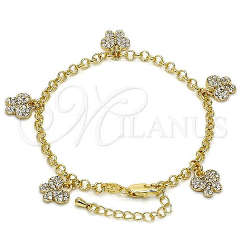 Oro Laminado Charm Bracelet, Gold Filled Style Butterfly and Rolo Design, with White Crystal, Polished, Golden Finish, 03.63.1374.07