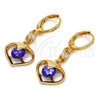 Oro Laminado Long Earring, Gold Filled Style Heart Design, with Amethyst and White Cubic Zirconia, Polished, Golden Finish, 02.217.0063.3
