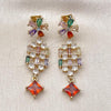 Oro Laminado Long Earring, Gold Filled Style Flower Design, with Multicolor Cubic Zirconia, Polished, Golden Finish, 02.282.0074