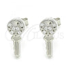 Sterling Silver Stud Earring, key and Heart Design, with White Cubic Zirconia, Polished, Rhodium Finish, 02.336.0175