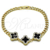 Oro Laminado Fancy Bracelet, Gold Filled Style Four-leaf Clover and Miami Cuban Design, with Black Cubic Zirconia and White Micro Pave, Polished, Golden Finish, 03.283.0434.2.07