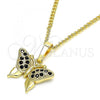 Oro Laminado Pendant Necklace, Gold Filled Style Butterfly Design, with Black Micro Pave, Polished, Golden Finish, 04.316.0003.2.20