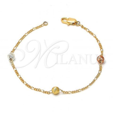 Gold Plated Fancy Bracelet, Ball Design, Diamond Cutting Finish, Tricolor, 03.08.0128.07