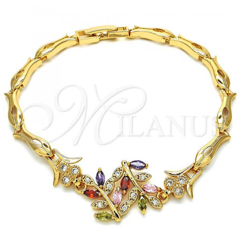 Oro Laminado Fancy Bracelet, Gold Filled Style Leaf and Fish Design, with Multicolor Cubic Zirconia, Polished, Golden Finish, 03.210.0097.2.08
