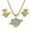 Oro Laminado Earring and Pendant Adult Set, Gold Filled Style Heart Design, with White Micro Pave, Polished, Golden Finish, 10.342.0063