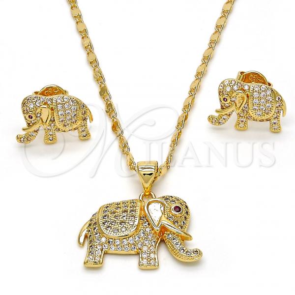 Oro Laminado Earring and Pendant Adult Set, Gold Filled Style Elephant Design, with Ruby and White Micro Pave, Polished, Golden Finish, 10.199.0076.2