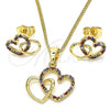 Oro Laminado Earring and Pendant Adult Set, Gold Filled Style Heart Design, with Multicolor Cubic Zirconia, Polished, Golden Finish, 10.316.0042