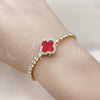 Oro Laminado Adjustable Bolo Bracelet, Gold Filled Style Four-leaf Clover and Box Design, with Garnet Mother of Pearl and White Cubic Zirconia, Polished, Golden Finish, 03.411.0070.2.11