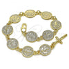 Oro Laminado Charm Bracelet, Gold Filled Style San Benito and Crucifix Design, Polished, Golden Finish, 03.351.0032.08