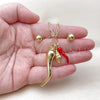 Oro Laminado Necklace and Earring, Gold Filled Style Chili and Paperclip Design, Red Enamel Finish, Golden Finish, 06.417.0022