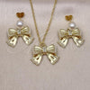 Oro Laminado Earring and Pendant Adult Set, Gold Filled Style Bow and Ball Design, with Ivory Pearl, Polished, Golden Finish, 10.417.0001