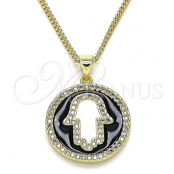 Oro Laminado Pendant Necklace, Gold Filled Style Hand of God Design, with White Micro Pave, Black Enamel Finish, Golden Finish, 04.313.0029.20