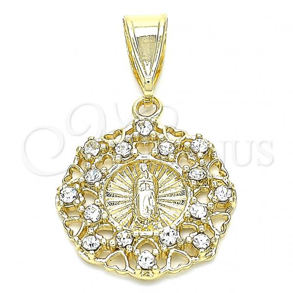 Oro Laminado Fancy Pendant, Gold Filled Style Guadalupe and Heart Design, with White Cubic Zirconia, Polished, Golden Finish, 05.253.0070