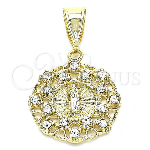 Oro Laminado Fancy Pendant, Gold Filled Style Guadalupe and Heart Design, with White Cubic Zirconia, Polished, Golden Finish, 05.253.0070