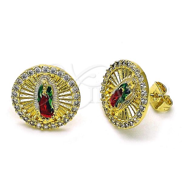 Oro Laminado Stud Earring, Gold Filled Style Guadalupe Design, with White Micro Pave, Diamond Cutting Finish, Tricolor, 02.411.0001