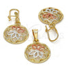 Oro Laminado Earring and Pendant Adult Set, Gold Filled Style Flower Design, Polished, Tricolor, 10.170.0011