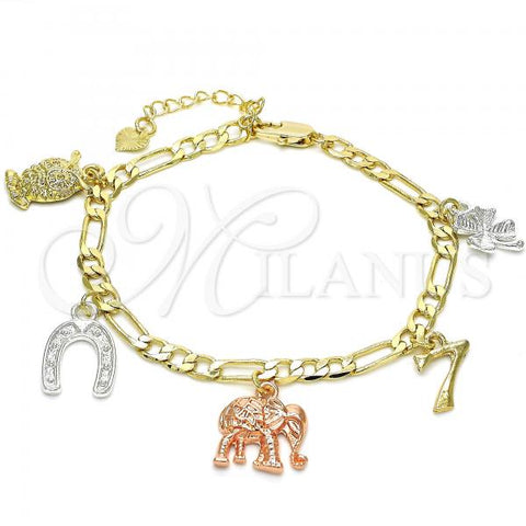 Oro Laminado Charm Bracelet, Gold Filled Style Owl and Elephant Design, Polished, Tricolor, 03.351.0027.07
