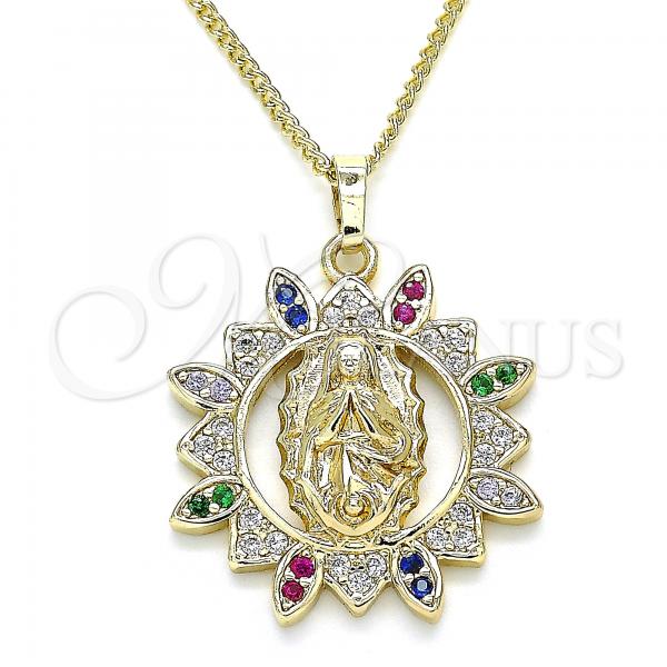 Oro Laminado Pendant Necklace, Gold Filled Style Guadalupe Design, with Multicolor Micro Pave, Polished, Golden Finish, 04.284.0036.1.20