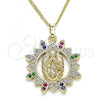 Oro Laminado Pendant Necklace, Gold Filled Style Guadalupe Design, with Multicolor Micro Pave, Polished, Golden Finish, 04.284.0036.1.20