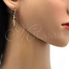 Oro Laminado Long Earring, Gold Filled Style with Garnet and White Cubic Zirconia, Polished, Golden Finish, 02.206.0028