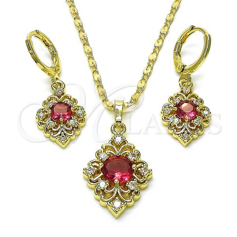 Oro Laminado Earring and Pendant Adult Set, Gold Filled Style Cluster Design, with Ruby and White Cubic Zirconia, Polished, Golden Finish, 10.196.0139