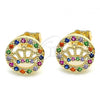 Oro Laminado Stud Earring, Gold Filled Style Crown Design, with Multicolor Micro Pave, Polished, Golden Finish, 02.210.0419.1