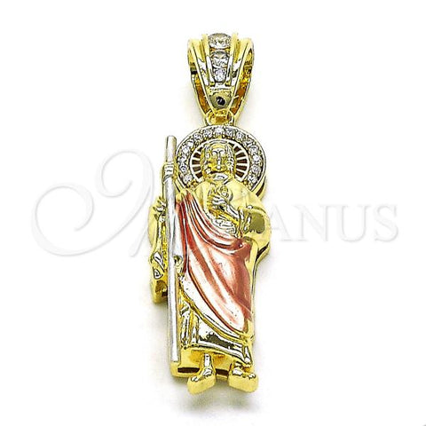 Oro Laminado Religious Pendant, Gold Filled Style San Judas Design, with White Micro Pave and White Cubic Zirconia, Polished, Tricolor, 05.411.0002.2