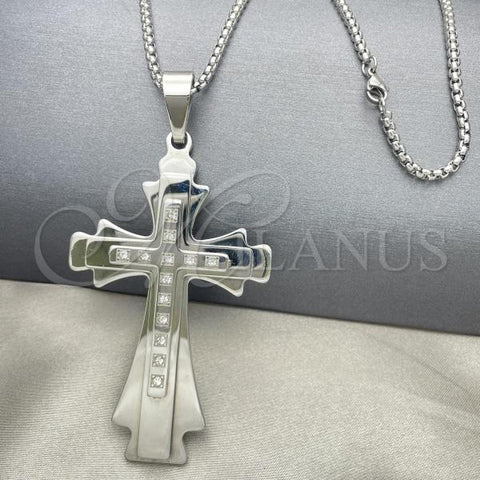 Stainless Steel Pendant Necklace, Cross Design, with White Cubic Zirconia, Polished, Steel Finish, 04.116.0039.30