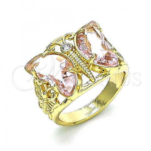 Oro Laminado Multi Stone Ring, Gold Filled Style Butterfly Design, with Pink and White Cubic Zirconia, Polished, Golden Finish, 01.380.0031.08