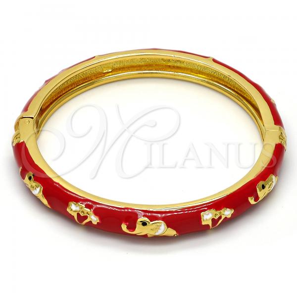 Oro Laminado Individual Bangle, Gold Filled Style Elephant and Flower Design, Red Enamel Finish, Golden Finish, 07.246.0010.7.04 (08 MM Thickness, Size 4 - 2.25 Diameter)