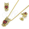 Oro Laminado Earring and Pendant Adult Set, Gold Filled Style Owl Design, with Garnet and White Cubic Zirconia, Polished, Golden Finish, 10.210.0064.1
