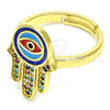 Oro Laminado Multi Stone Ring, Gold Filled Style Hand of God Design, with Multicolor Micro Pave, Blue Enamel Finish, Golden Finish, 01.368.0010.1 (One size fits all)