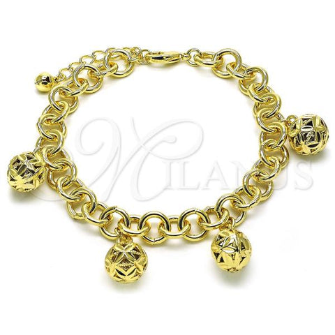 Oro Laminado Charm Bracelet, Gold Filled Style Ball and Rolo Design, Diamond Cutting Finish, Golden Finish, 03.331.0240.08