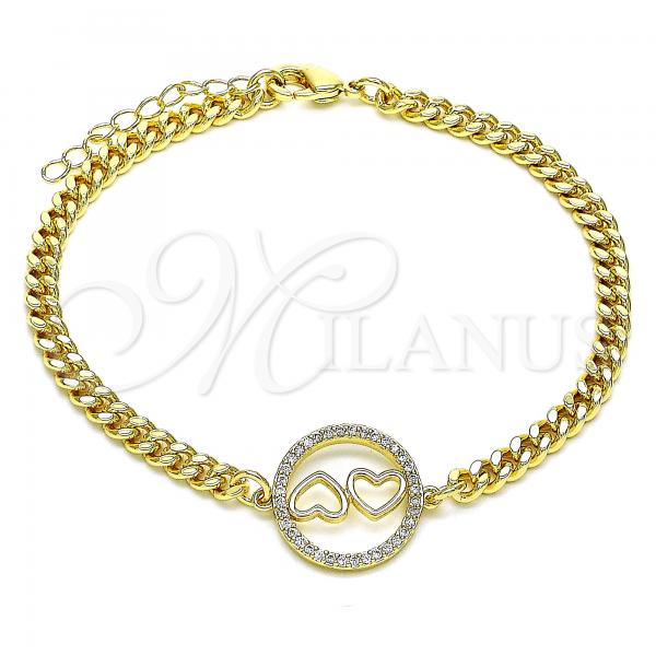 Oro Laminado Fancy Bracelet, Gold Filled Style Heart Design, with White Micro Pave, Polished, Golden Finish, 03.156.0028.08