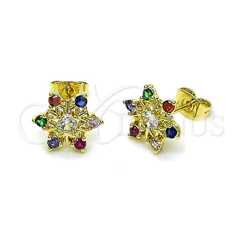 Oro Laminado Stud Earring, Gold Filled Style Flower Design, with Multicolor Cubic Zirconia, Polished, Golden Finish, 02.411.0054