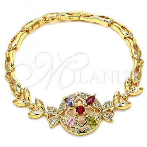 Oro Laminado Fancy Bracelet, Gold Filled Style Flower and Fish Design, with Multicolor Cubic Zirconia, Polished, Golden Finish, 03.266.0029.2.07