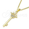 Oro Laminado Pendant Necklace, Gold Filled Style key and Crown Design, with White Micro Pave, Polished, Golden Finish, 04.344.0015.20