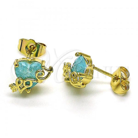 Oro Laminado Stud Earring, Gold Filled Style Heart and Love Design, with Aqua Blue Cubic Zirconia, Polished, Golden Finish, 02.210.0771