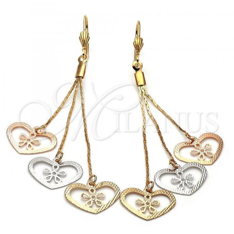 Oro Laminado Long Earring, Gold Filled Style Heart Design, Diamond Cutting Finish, Tricolor, 5.112.002
