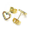 Oro Laminado Stud Earring, Gold Filled Style Heart Design, with Multicolor Micro Pave, Polished, Golden Finish, 02.233.0049.2