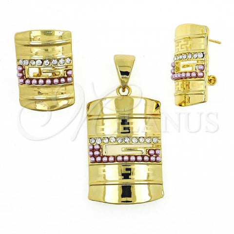 Oro Laminado Earring and Pendant Adult Set, Gold Filled Style Greek Key Design, with Rose Pearl and White Crystal, Polished, Golden Finish, 10.91.0267.2