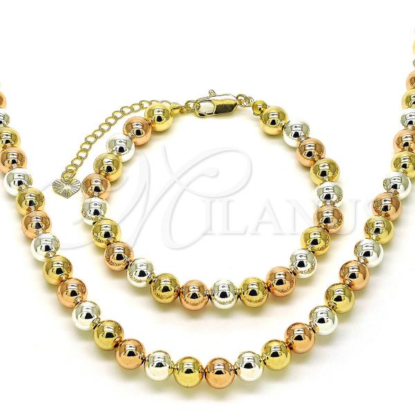 Oro Laminado Necklace and Bracelet, Gold Filled Style Ball and Hollow Design, Polished, Tricolor, 06.253.0006.2