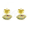 Oro Laminado Stud Earring, Gold Filled Style Evil Eye Design, with White Cubic Zirconia and Multicolor Micro Pave, Polished, Golden Finish, 02.341.0049